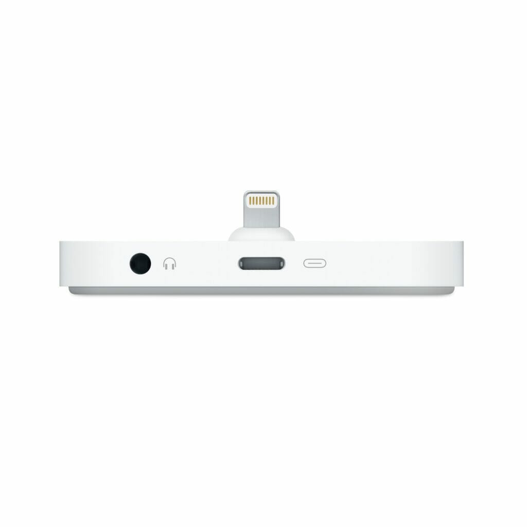 Rear view of a lighting dock showing lightning port and 3.5mm audio jack