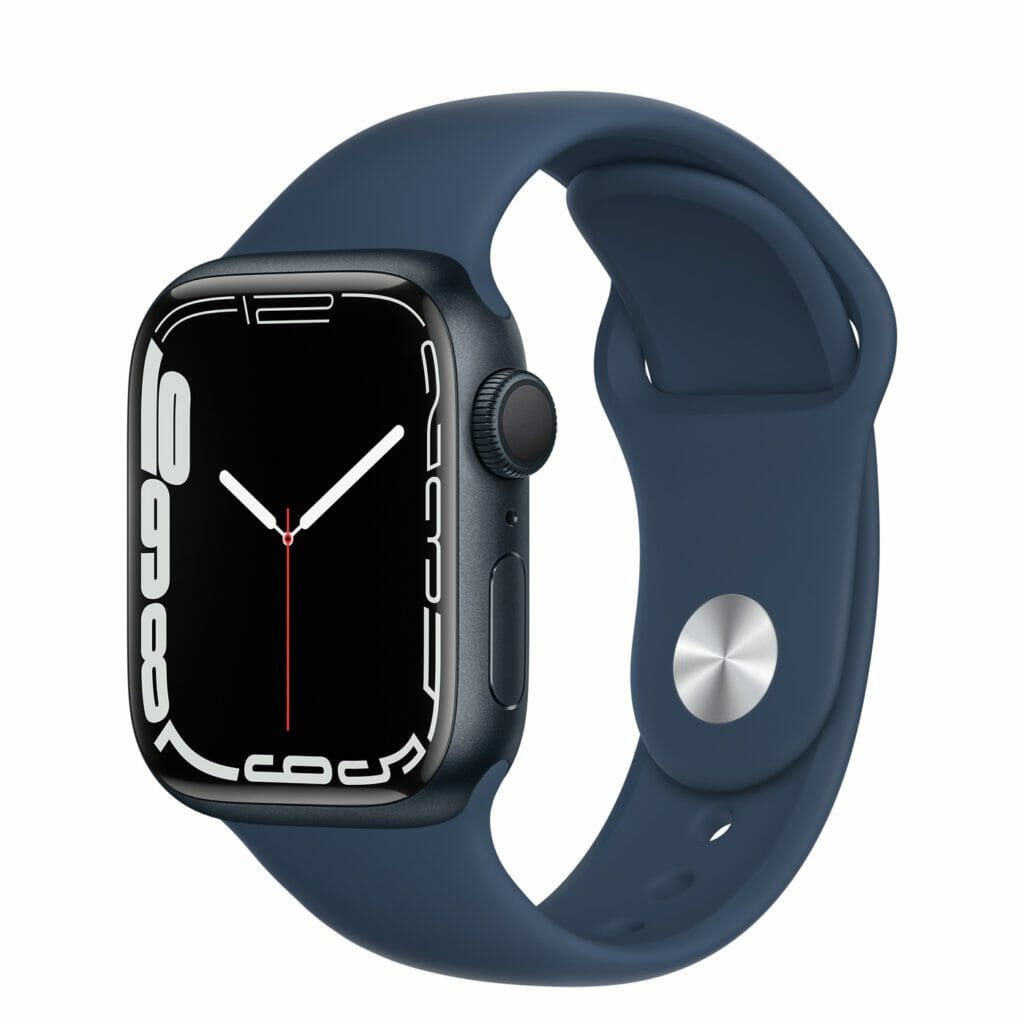 Apple Watch 7 midnight with blue sport band 