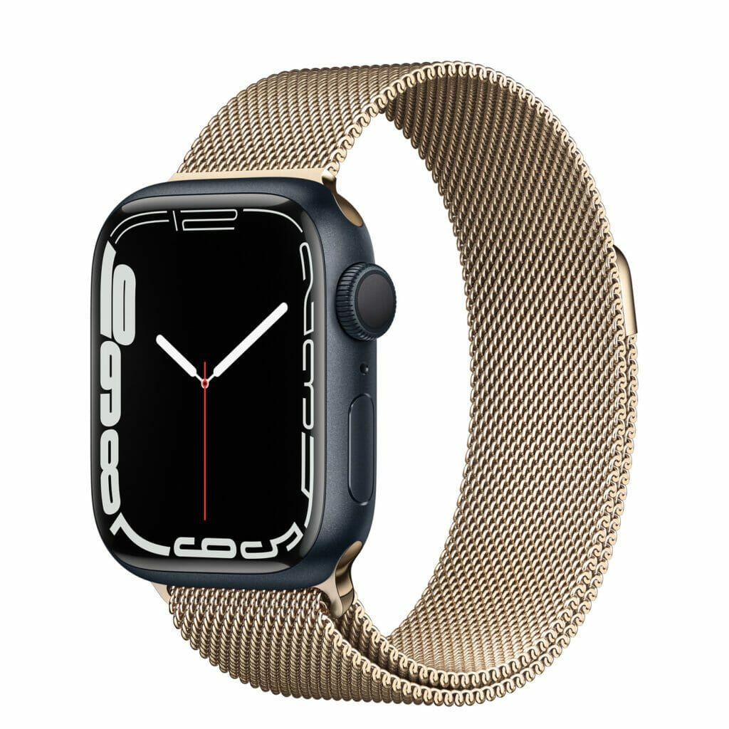 Apple Watch 7 midnight with gold milanese