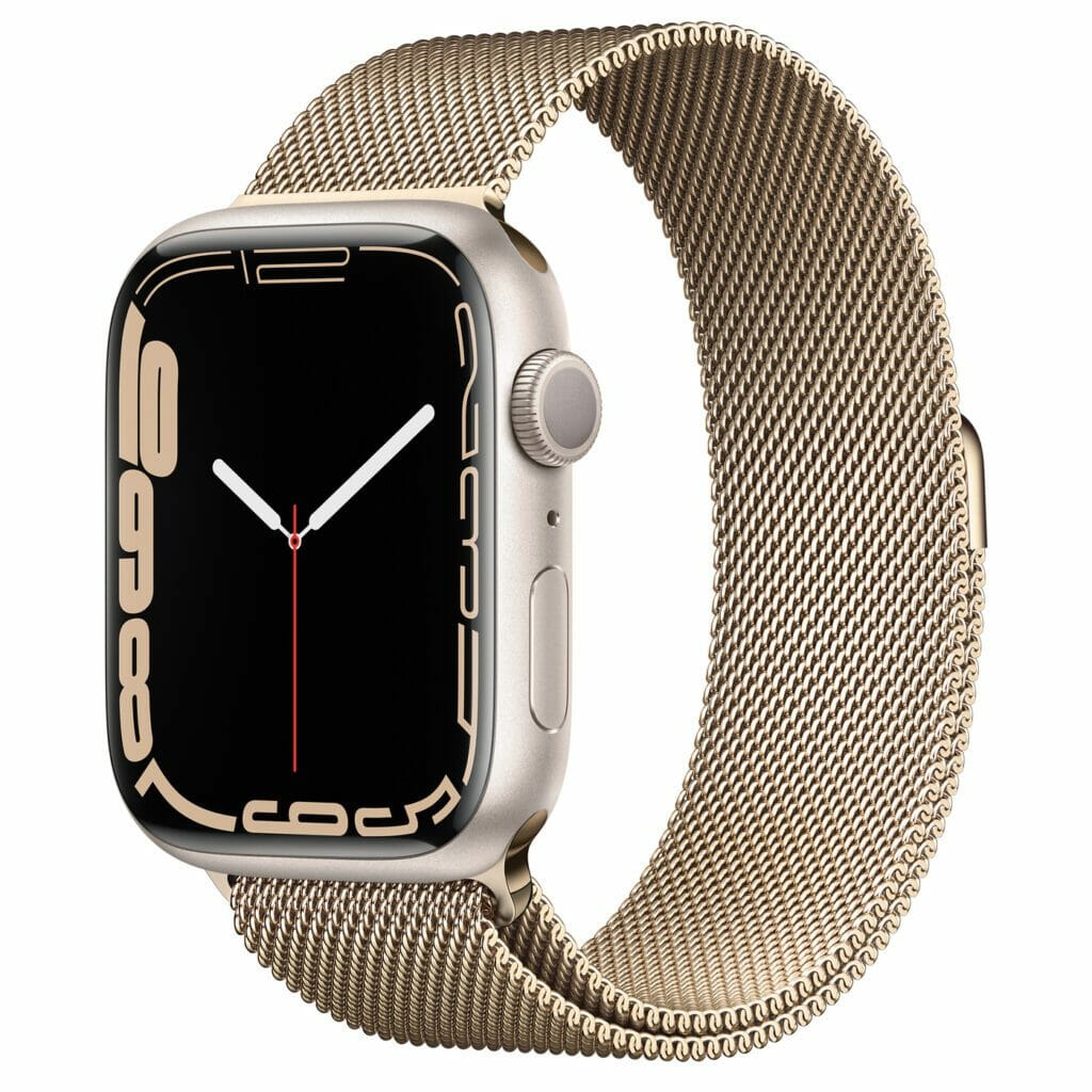 Apple Watch 7 Starlight with gold Milanese