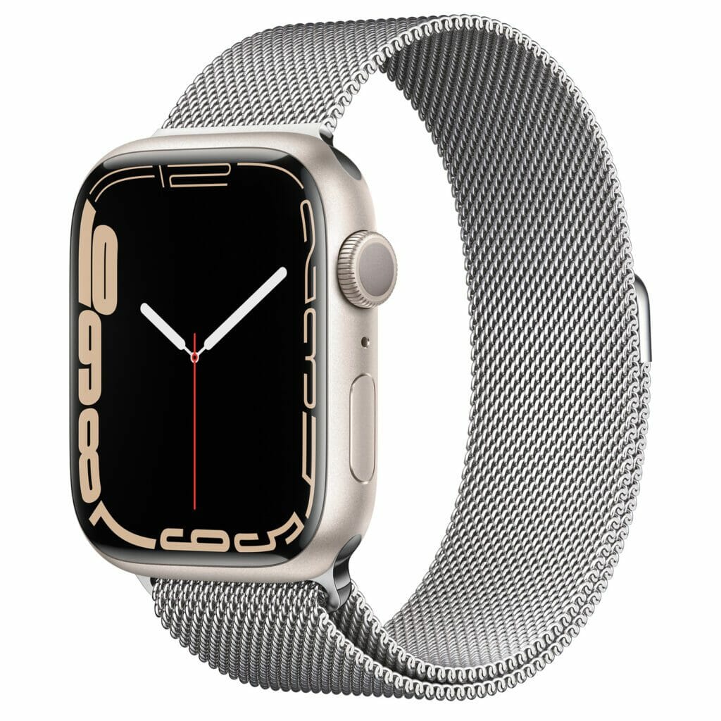 Apple Watch 7 Starlight with silver Milanese