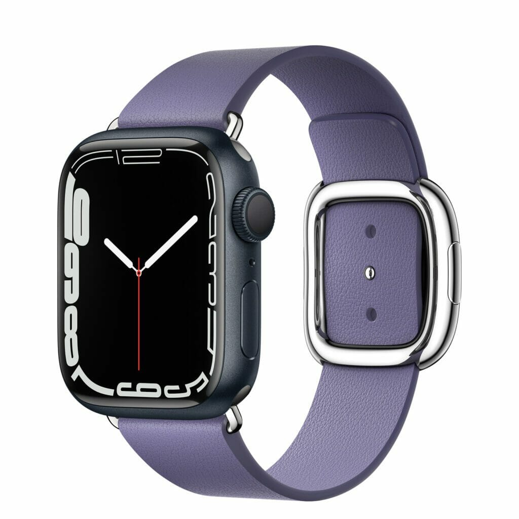 Apple Watch 7 midnight with purple modern buckle