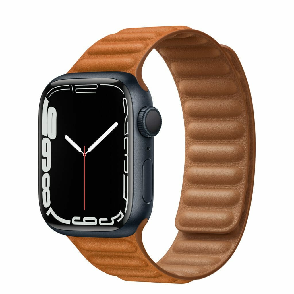 Apple Watch 7 midnight with orange/brow leather band