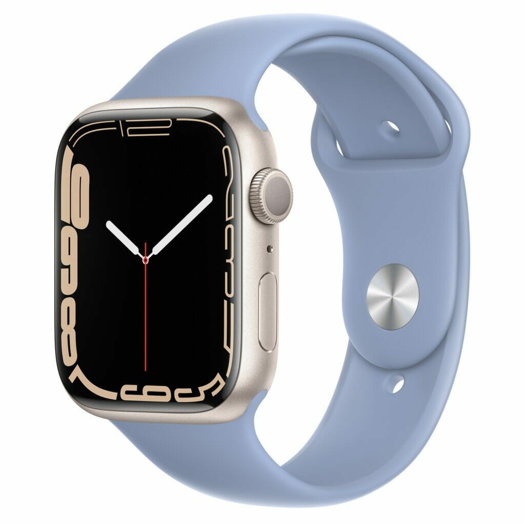 Apple Watch 7 Starlight with blue fog sport band