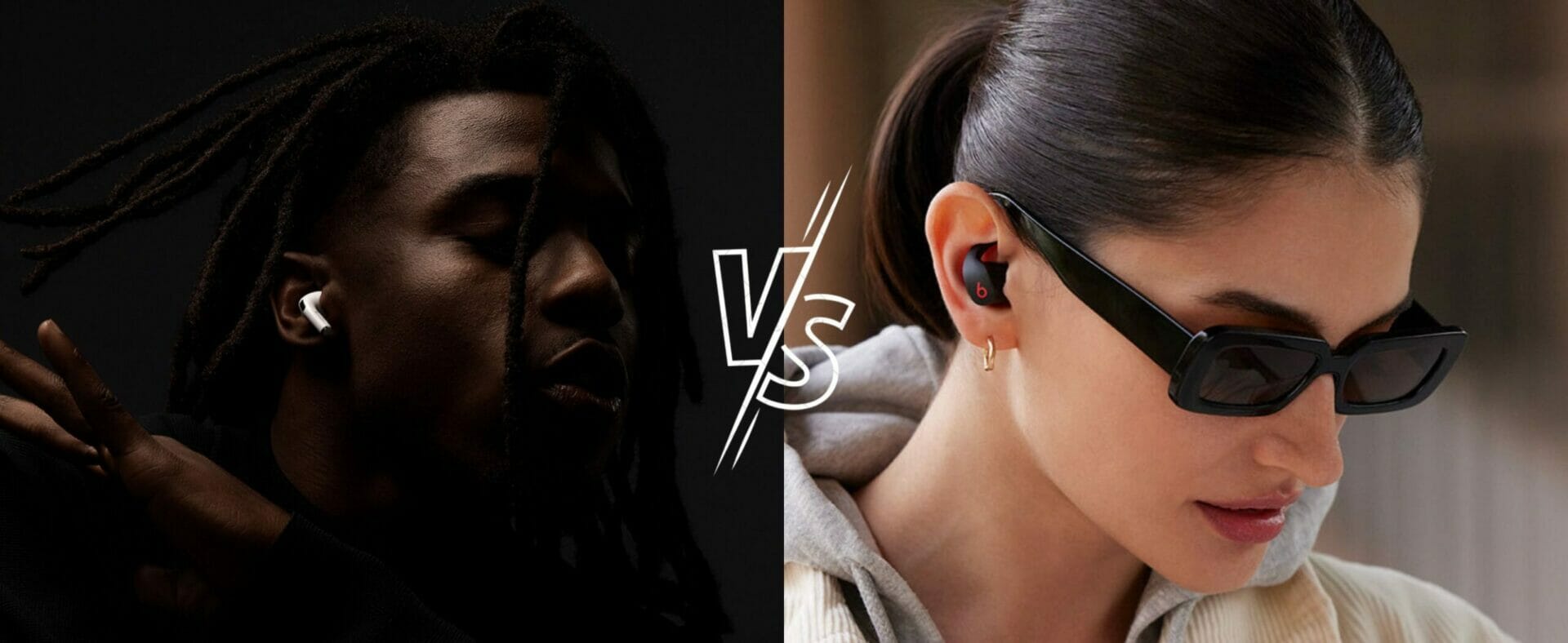 Side by side models wearing Airpods and Powebeats