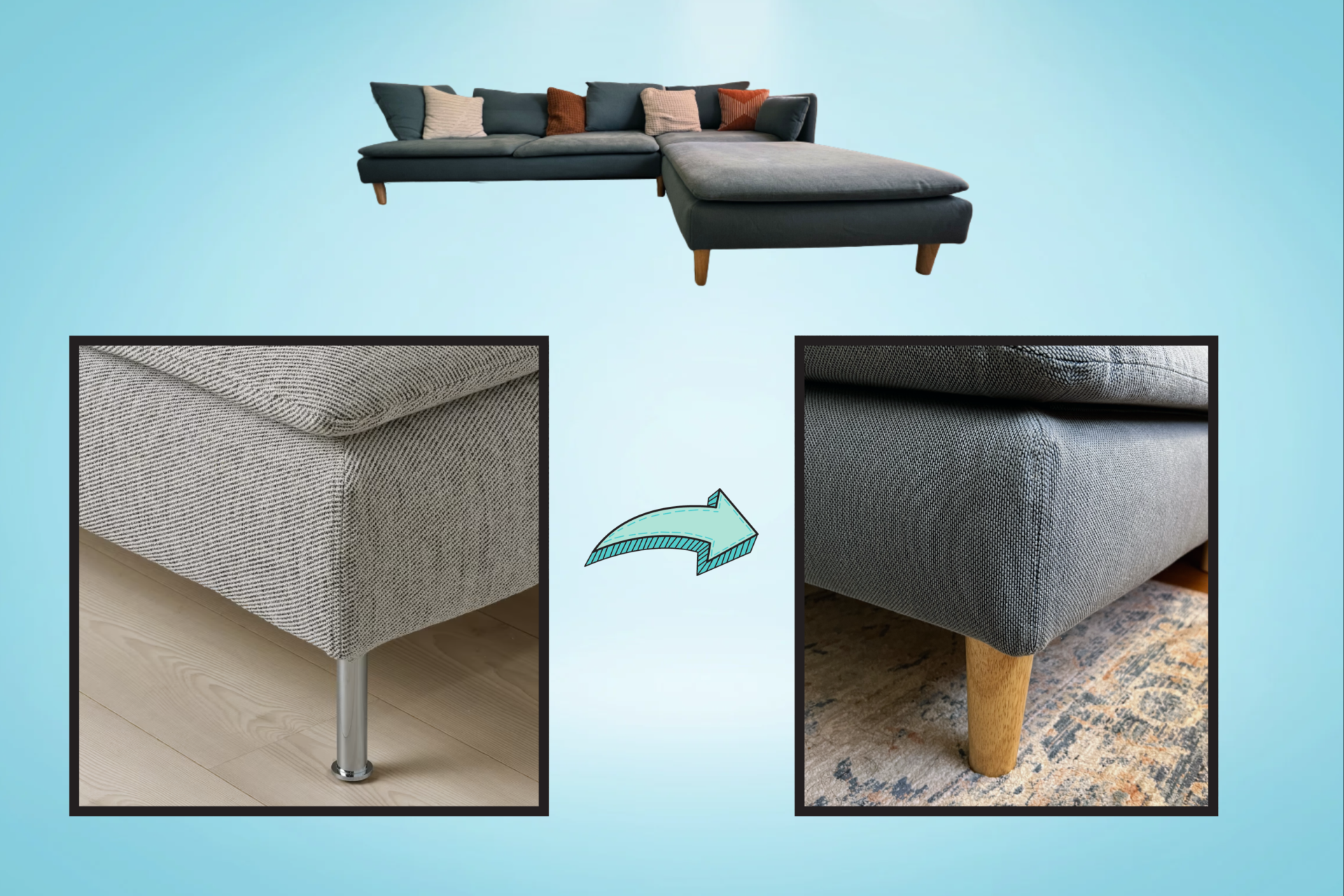 Comparison showing the stock Ikea metal leg and the alternative that I put on, with a whole sectional above