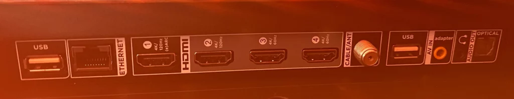 All of the available inputs from left to right: USB, Ethernet, HDMI1, 2, 3, 4, Cable, USB 2, AV in, Audio out, Optical 