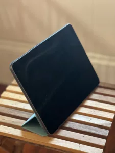 iPad 2018 with new case folded up so that it can stand up